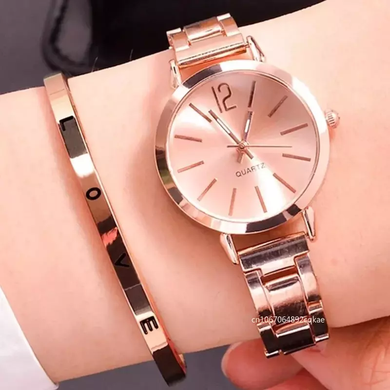Ladies Fashion Simple Digital Alloy with Quartz Watch Bracelet 2pcs Set Luxury Women Simple Dial Ladies Watches Reloj Mujer