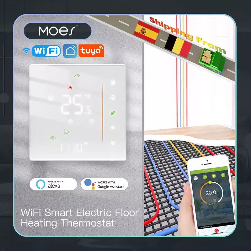 Termostat WiFi Pengontrol Suhu Ruangan Nirkabel, Pemanas Lantai Air/Listrik, Kelembaban Tuya Bekerja dengan Alexa