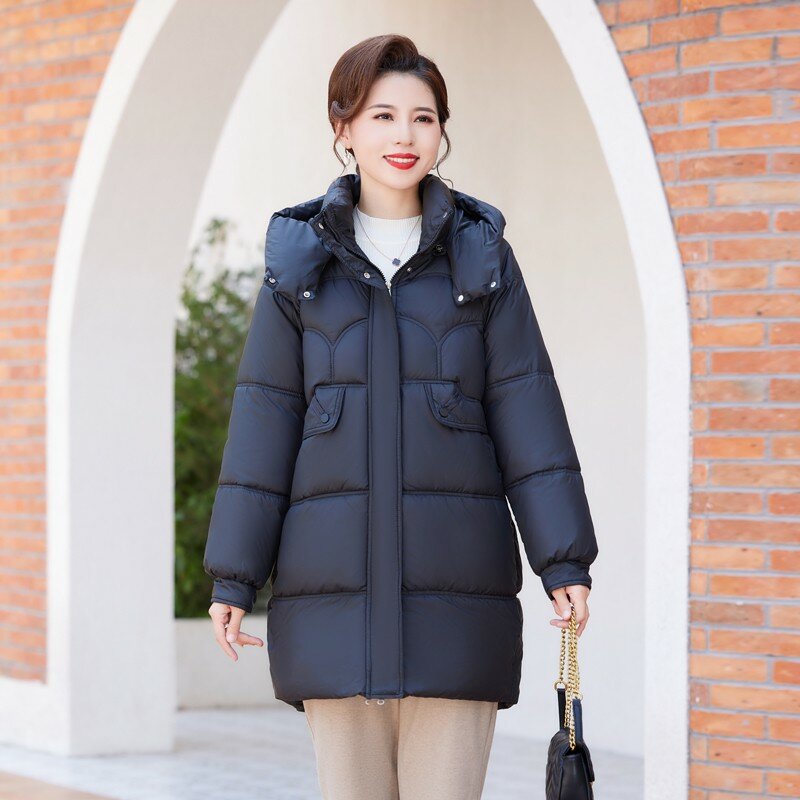 Jaket panjang bertudung untuk wanita, mantel ukuran besar parka katun bertudung ramping musim dingin untuk wanita