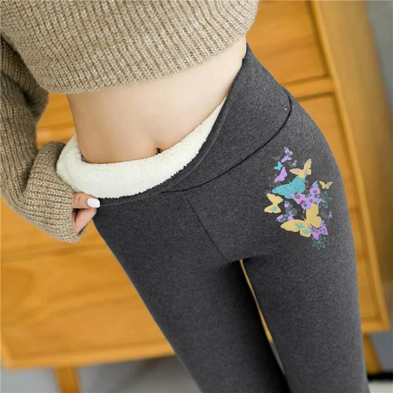 Calças magras para mulheres leggings borboletas impressão de pelúcia outono inverno cintura alta leggings veludo algodão emagrecimento calças justas