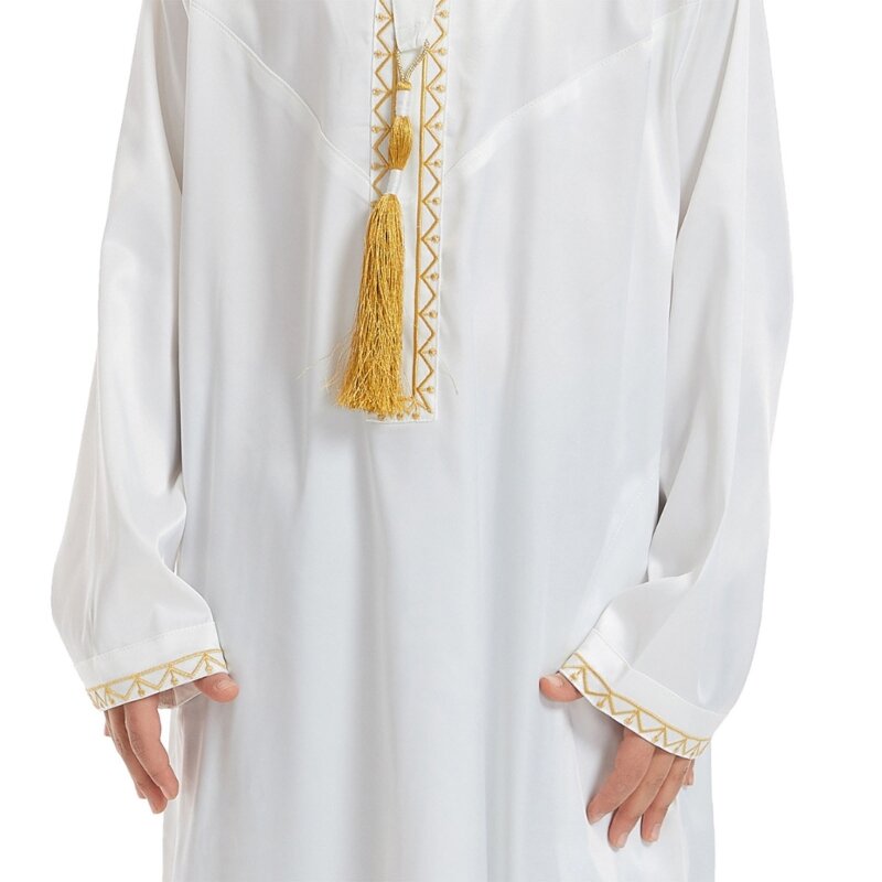 634C Modne sukienki muzułmanów długim rękawem Miękkie szaty Abaya Islamska odzież chłopięca Thobe