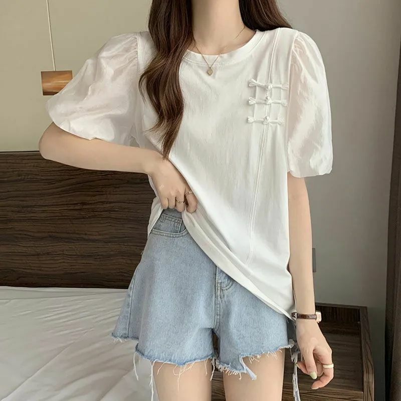Fashion O-Neck Spliced Button Sweet Puff Sleeve T-Shirts Female Clothing 2024 Summer New Loose Casual Tops All-match Tee Shirt