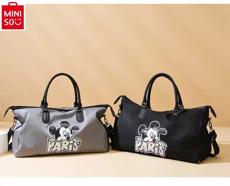 MINISO Disney-bolso de viaje con estampado de Mickey, bolsa de almacenamiento ligera de gran capacidad, con dibujos animados de diamantes brillantes, para estudiantes