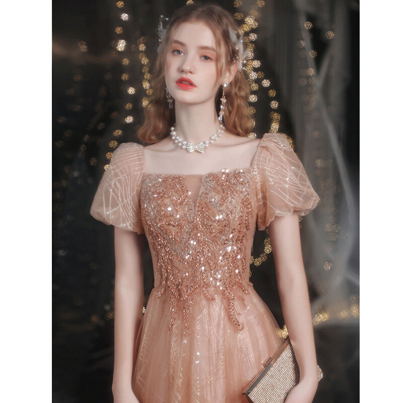 100% реальное фото розовое Золотое платье для выпускного вечера блестящие кристаллы бусины ТРАПЕЦИЕВИДНОЕ вечернее платье для вечеринки с квадратным вырезом пышными рукавами платье для невесты