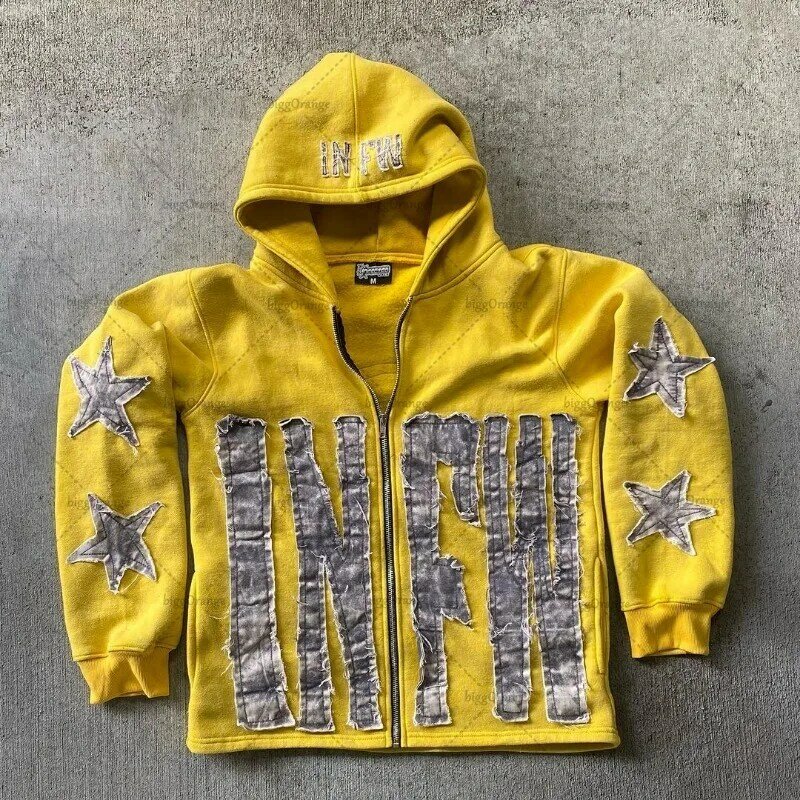 Trendy Brand Crying Face Letter Embroidered Zipper Hoodie Men Y2k Retro Harajuku Jacket Hip-hop Rock Casual Oversized Sweatshirt