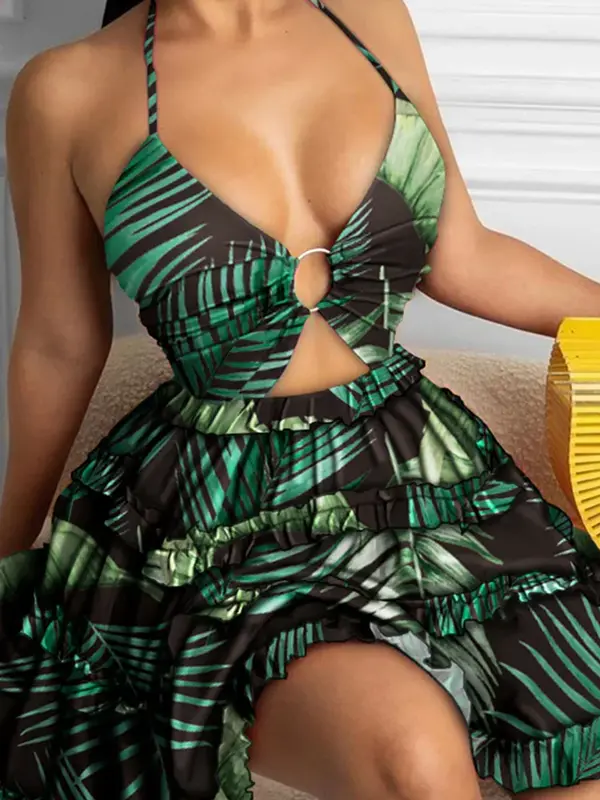 Cami Deep-V Floral Print Dresses Women Sexy Backless Halter Summer Dress