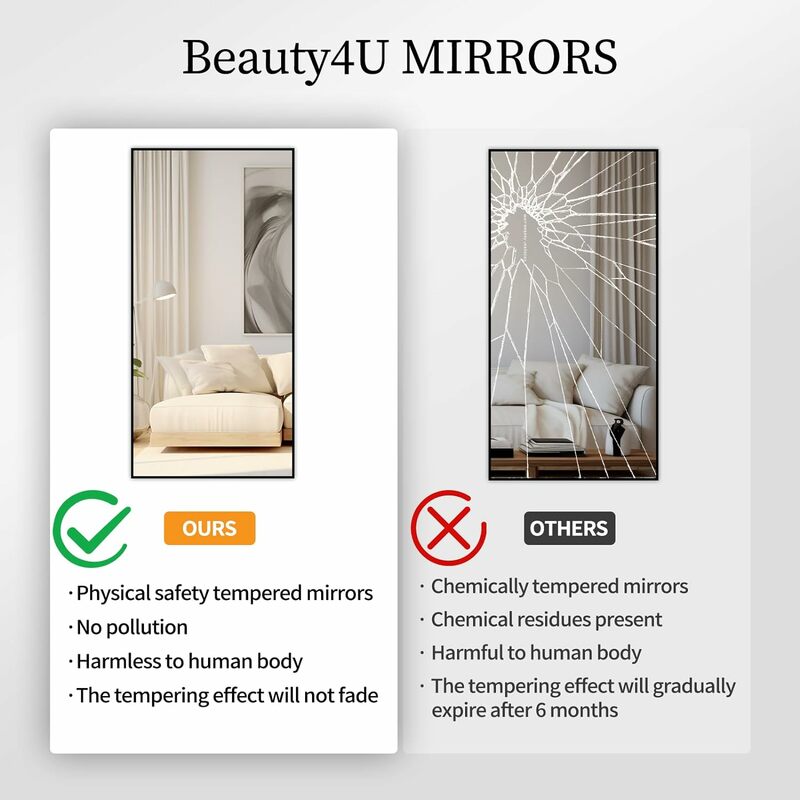 Beauty4U espejo de cuerpo completo con soporte, montaje en pared negro, marco de Metal, 65 "x 24"
