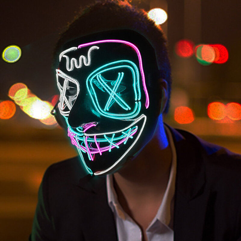 Máscara de Halloween Neon LED Purge, Máscaras de Festa de Carnaval, Luz Luminosa no Escuro, Fantasia Engraçada Cosplay, Presentes para Crianças, Brinquedos