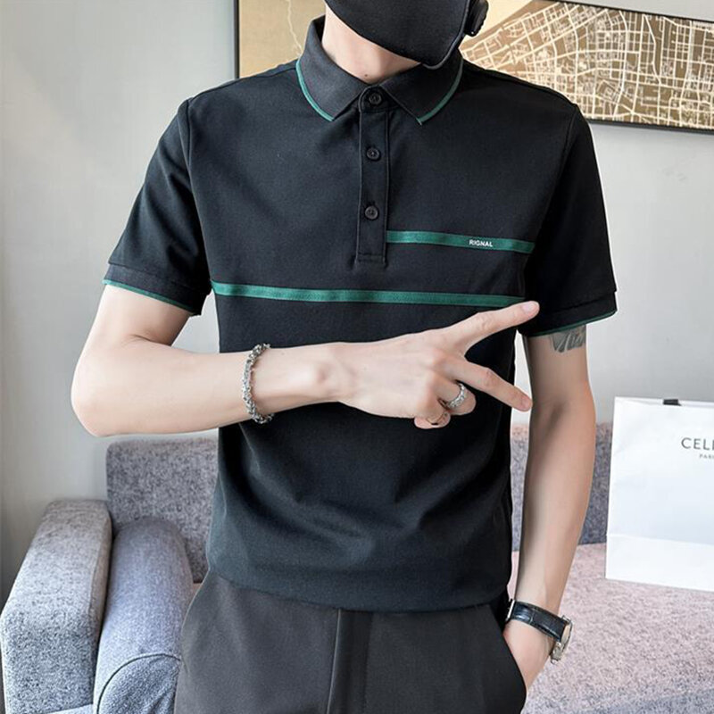 Mode Revers Knopf gespleißt lose Business Polo-Shirts Herren bekleidung Sommer neue lässige Pullover asymmetrische T-Shirt