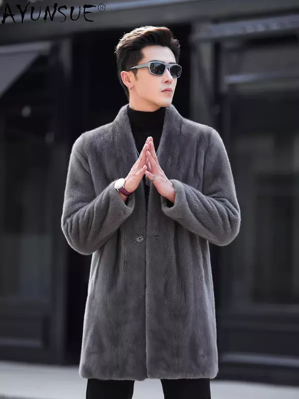 AYUNSUE-Jaqueta de pele de vison real para homens, casaco de pele natural de comprimento médio, casaco decote em v, moda, novo inverno, 2023