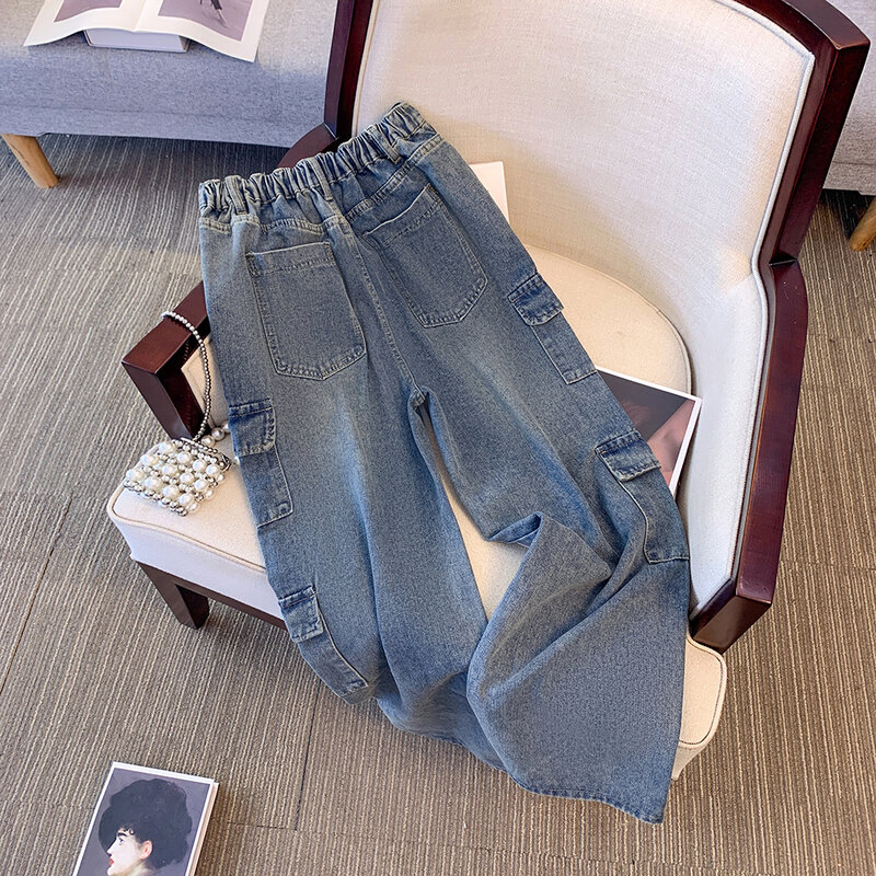 กางเกงคาร์โก้ผู้หญิงมีหลายกระเป๋า, กางเกงยีนส์ซักสีฟ้ากางเกงยีนส์ลำลองฤดูใบไม้ร่วงขนาดพิเศษ