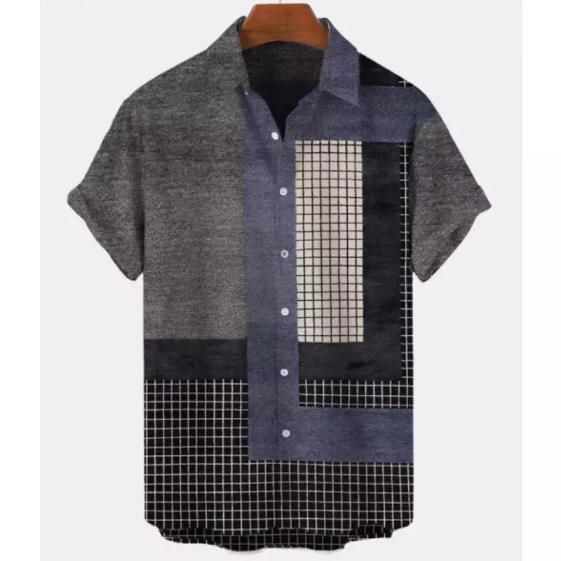 Chemise à carreaux patchwork à manches courtes pour hommes et femmes, chemises imprimées en 3D, streetwear à revers boutonné, vêtements unisexes, mode décontractée
