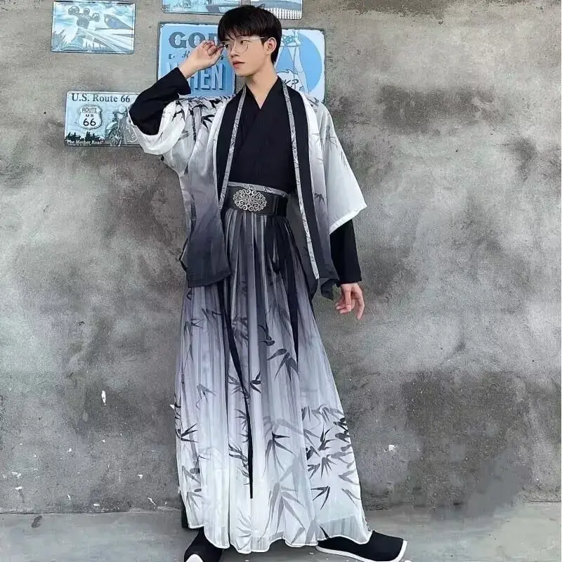 Plus Size 3XL Hanfu Men Halloween Cosplsy Costume Chinese Traditional Ancient Hanfu Print Bamboo Gray&Black 4Pcs Sets Plus Size