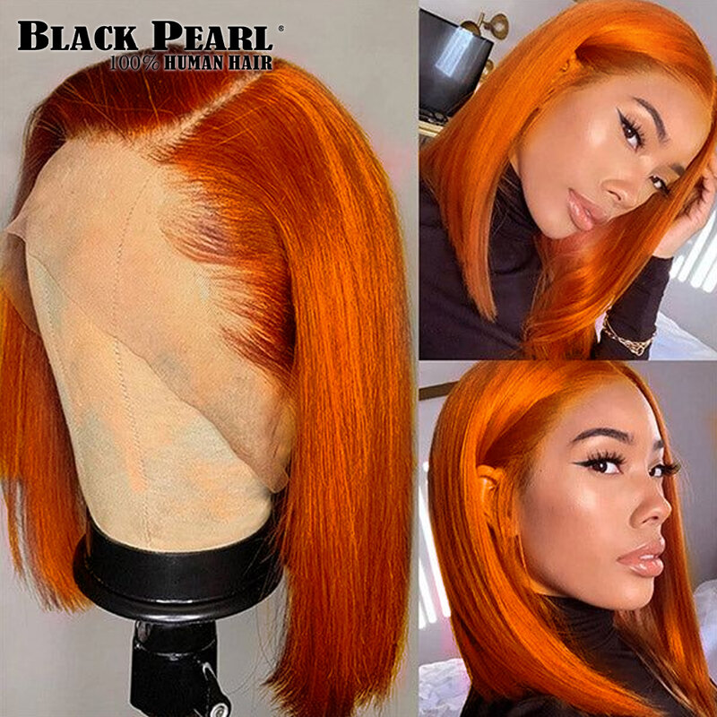 Wig Bob oranye wig depan renda transparan jahe rambut manusia sebelum dipetik dengan rambut bayi wig Bob lurus Brasil dengan kepadatan 180%