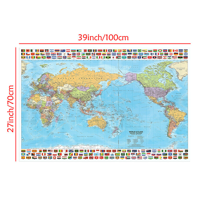 Perlengkapan sekolah dekorasi dinding latar belakang artistik 100*70cm, peta dunia kain non-tenun dapat dilipat dalam bahasa Inggris dengan bendera negara