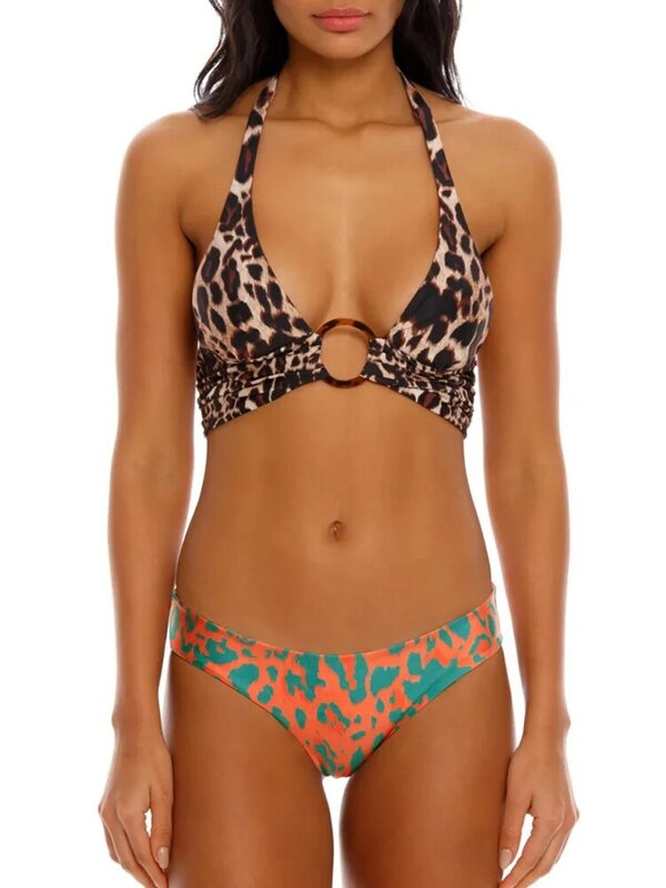 Biquíni sexy com estampa de leopardo para mulheres, capa de pescoço oco, cintura baixa, maiô de férias na praia, novo verão, 2024, 2 peças