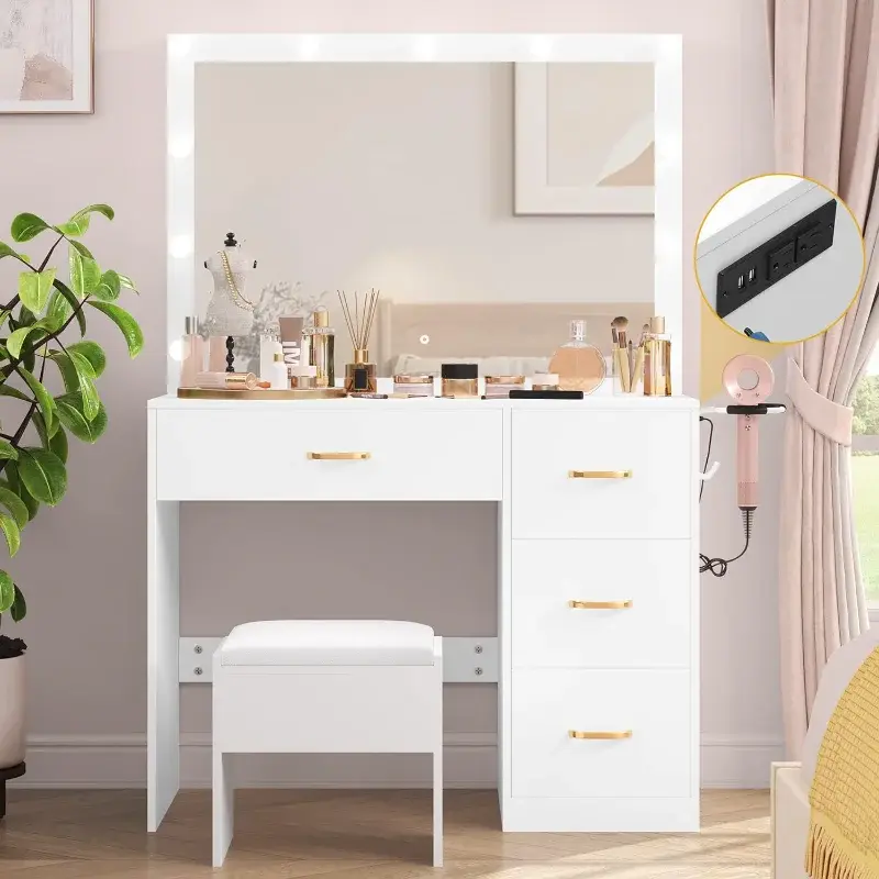 Makeup Vanity with Large Lighted Mirror,   Power Outlet, 3 Color Lighting Modes, Adjustable Brightness, 4 Drawers