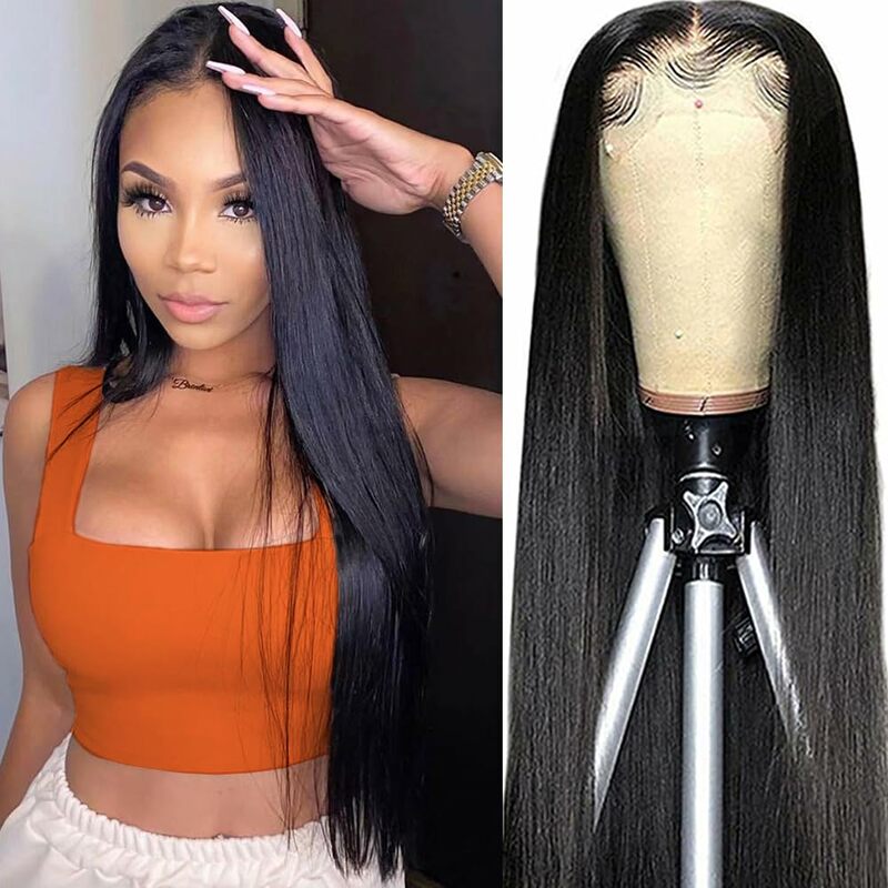 13x4 Straight Lace Front Wig Human Hair 30 Inch Lace Frontal Wig 180% Density Natural Color Pre Plucked Glueless Wigs for Women