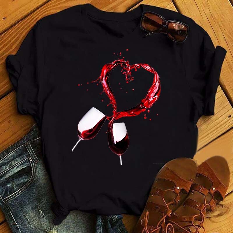 Camiseta con estampado de amor de la paz y vino para Mujer, blusa holgada de manga corta con cuello redondo, ropa de verano