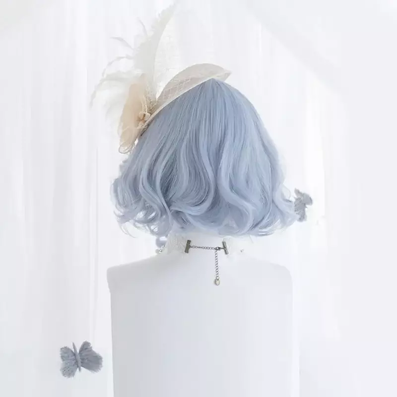 Lolita Anime peruka do Cosplay krótkie kręcone niebieskie bułeczki Lady Party Bob klipy syntetyczne żaroodporne włosy