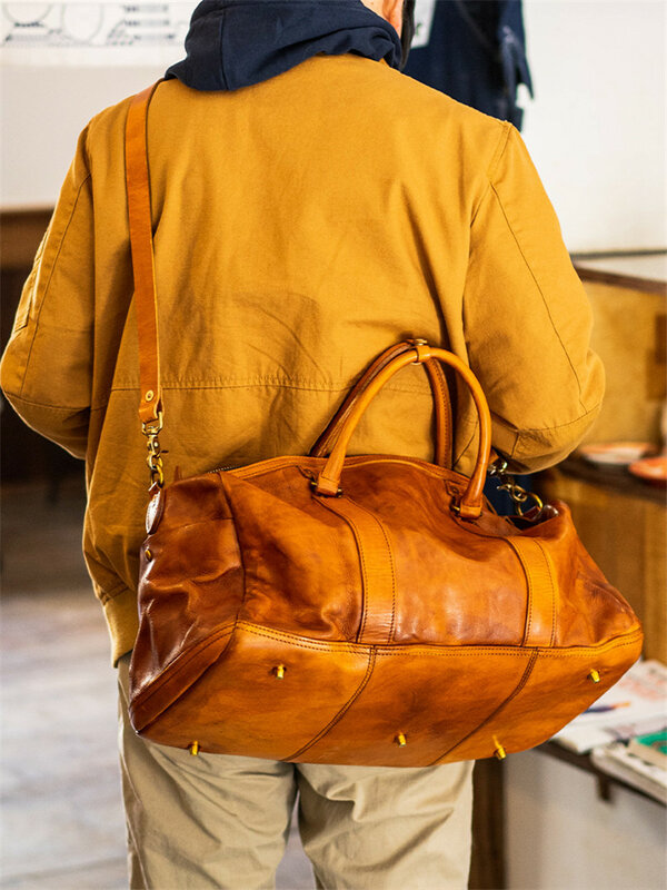 Vintage-mode luxus echtem leder herren reisetasche outdoor wochenende große kapazität umhängetasche echt rindsleder frauen handtasche