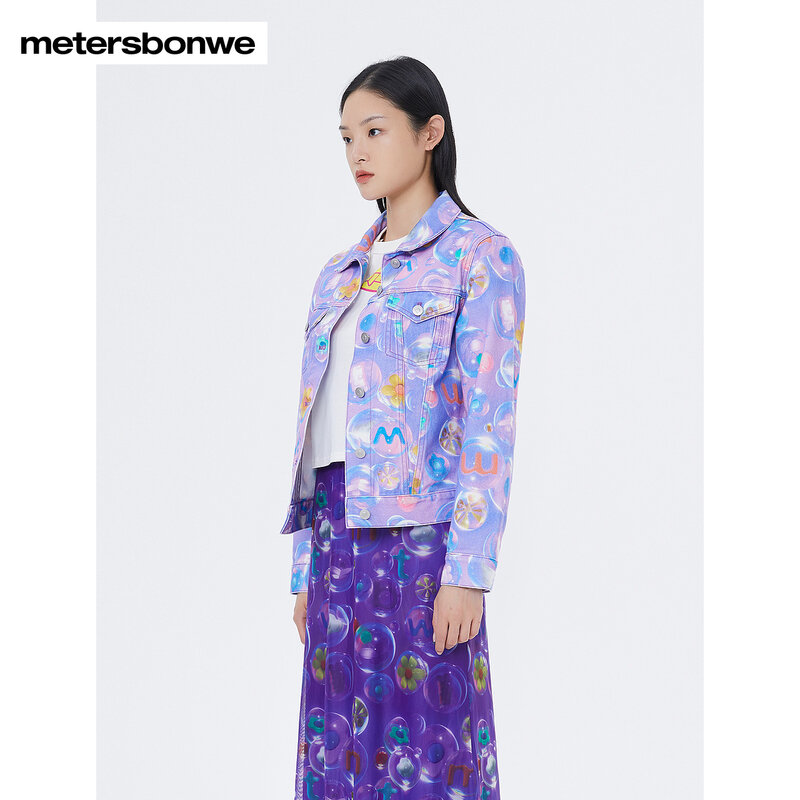 Metersbonwe-女性のためのデニムジャケット、女性のためのファッショナブルなフルプリントコットンジャケット、ブランドトップ、不規則な夏の服、新しい