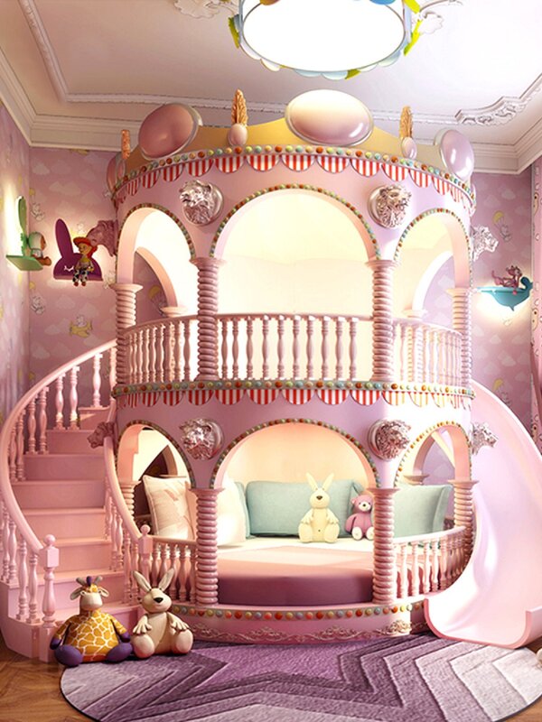 Cama princesa Double Deck para meninas, cama infantil com slide, castelo de sonho, europeu, rosa, alto e baixo, móveis personalizados