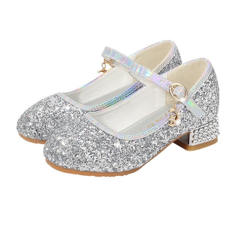 Scarpe da principessa per ragazze primavera bambini tacco alto Glitter scarpe di cristallo sandali fibbia moda scarpe da ballo per bambini scarpe da festa in pelle