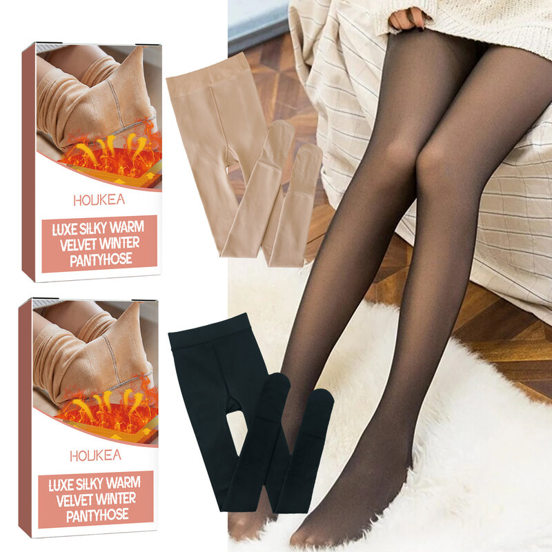 Mallas gruesas de terciopelo para mujer, Leggings cálidos de cintura alta, Color sólido, medias negras gruesas