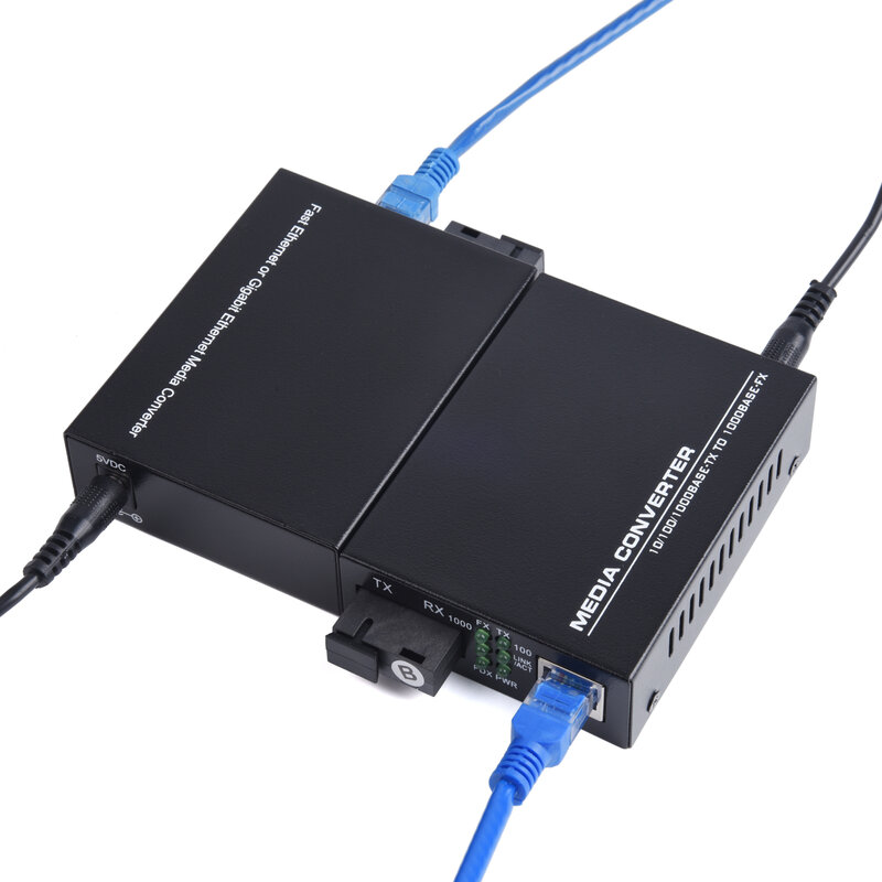 1 Pair Gigabit Fiber Optical Media Converter 10/100/1000Mbps Single Mode 1 Fiber to 2 RJ45 UPC/APC SC-Port US Power
