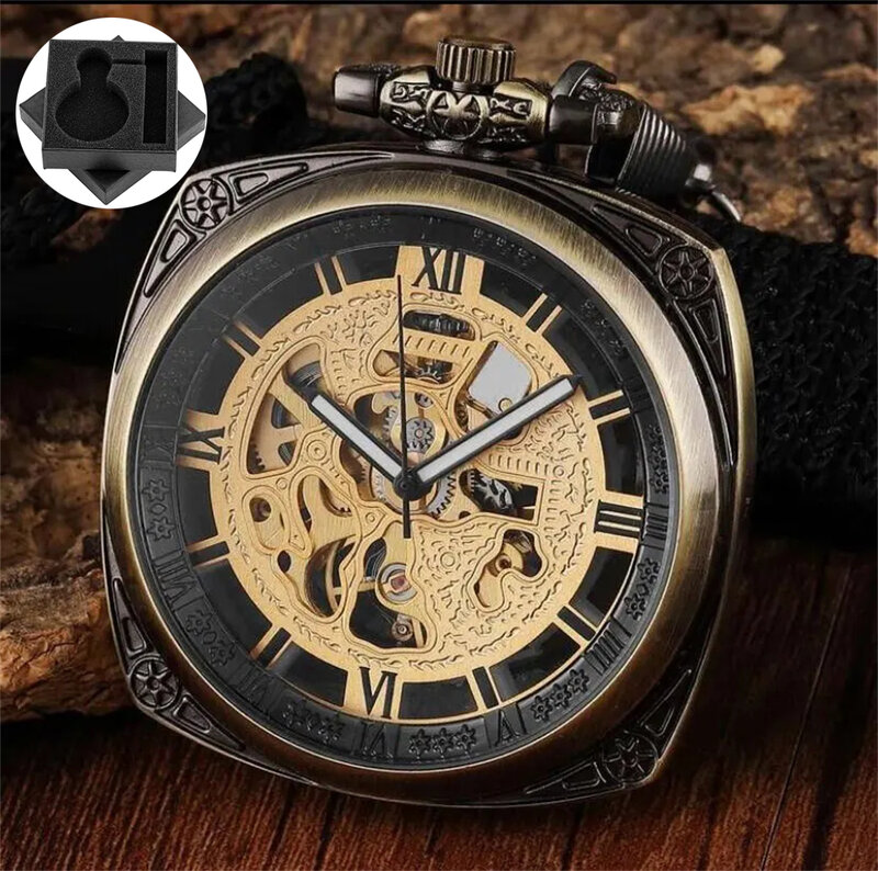Kwadratowa brązowa/srebrna ręczne nakręcanie mechaniczna portmonetka Vintage zegarek zegarek w antycznym stylu prezent męski zegarek na łańcuszku Fob zegar