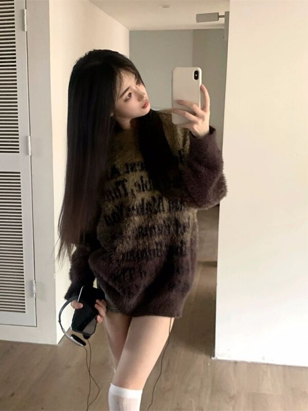Vintage Gradient Letter Knitwear Women's Autumn Lazy Loose Soft Glutinous Maillard Sweater Long Sleeve Pullover Top