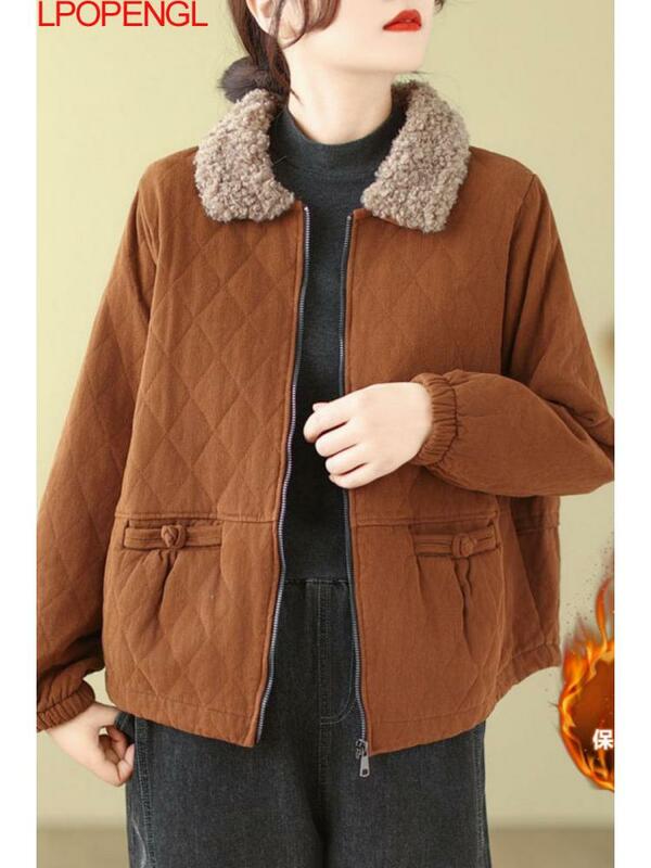 Abrigo de algodón de lana de cordero para mujer, chaqueta gruesa con hebilla de disco literaria Vintage, manga larga, cremallera, Invierno