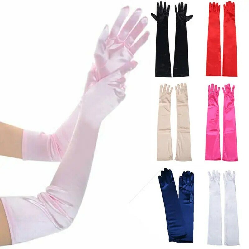 2024 Women's Evening Party Formal Gloves Solid Color Satin Long Finger Mittens forEvents Activities Red White Rose Color