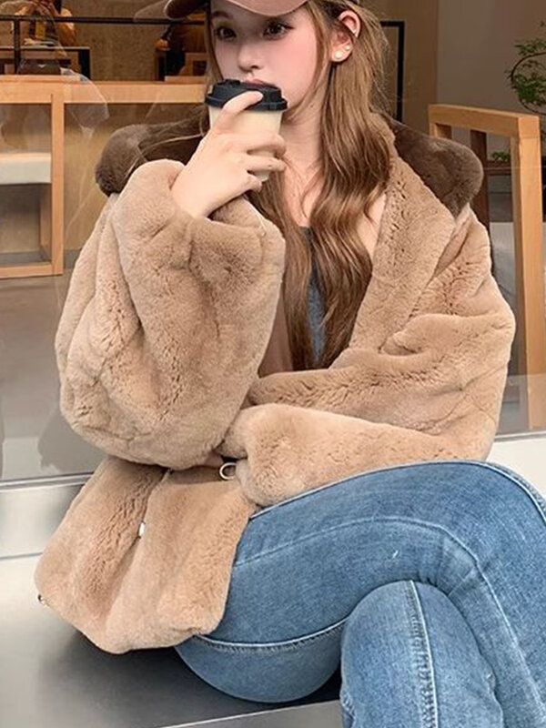 Kawaii Pluche Jas Vrouwen Koreaanse Mode Beer Oor Faux Bontjas Dames Winter Warm Dik Casual Losse Capuchon Bovenkleding