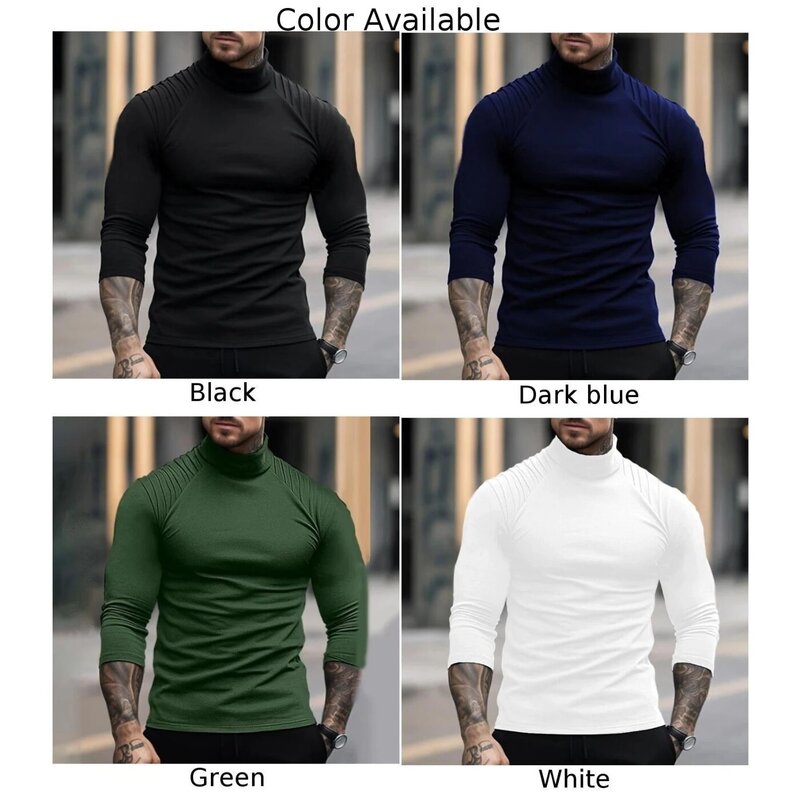 Chemical Fiber Blend Men's Casual Funnel High Collar T Shirts  Long Sleeve Fitness Shirts for Men's Daily Wear