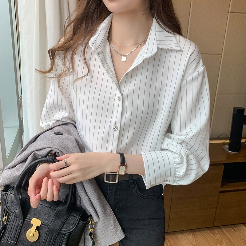 Classic Striped Shirts Women Spring Autumn Polo-neck Single-breasted Long Sleeve Cardigan Blouse Fashion Office Shirt Top Women
