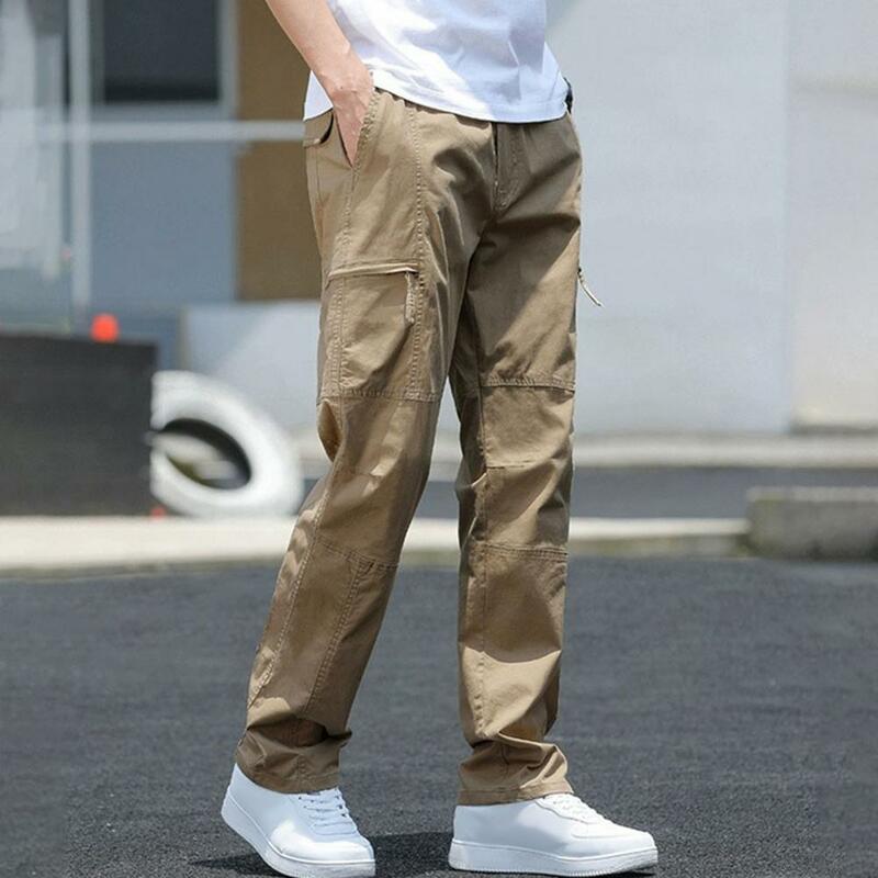 Calças de cintura alta masculina com vários bolsos com zíper, perna larga Design, calças plus size, apto para atividades ao ar livre