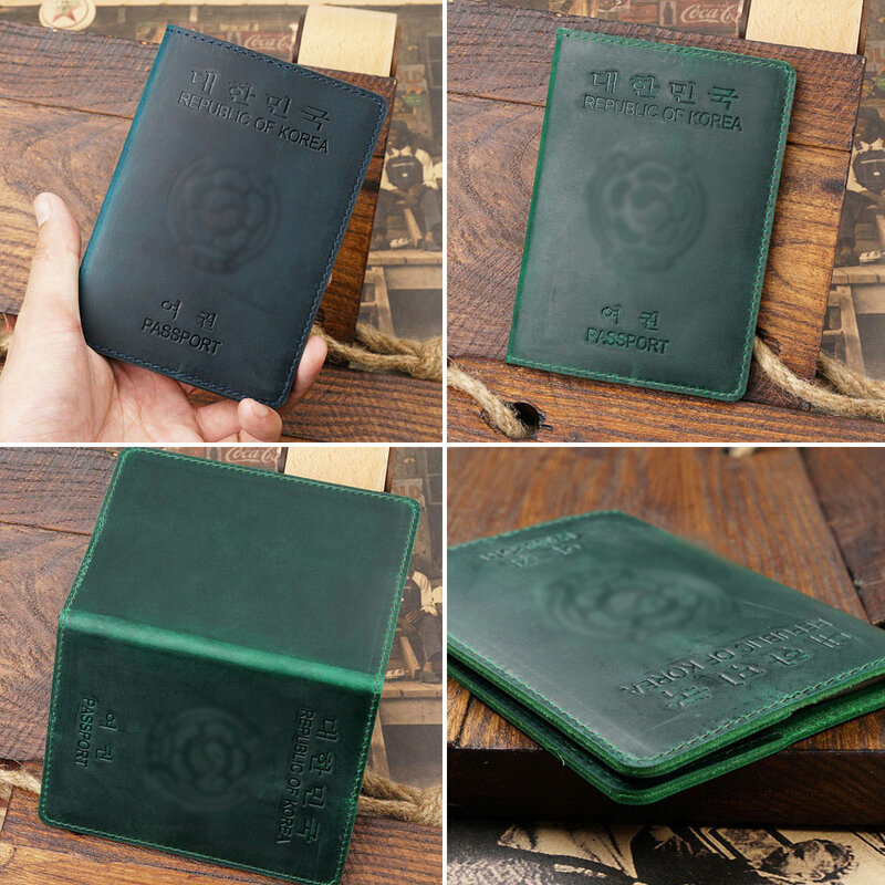Porte-passeport en cuir avec nom gravé personnalisé, porte-passeport de voyage fait à la main, étui portefeuille, Corée du Sud