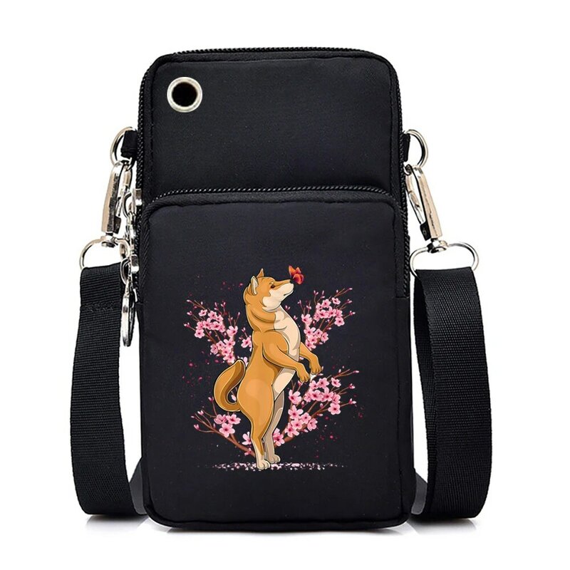 Japanese Shiba Inu Mini Mobile Phone Bag for Women Sakura Trees Crossbody Bag Canvas Small Purse Shoulder Bag Kawaii Handbag