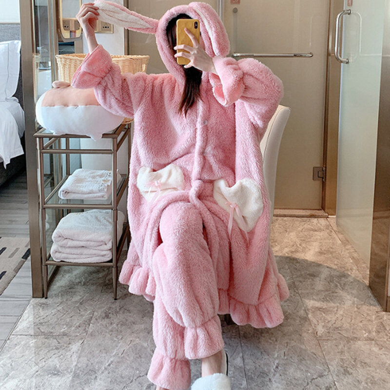 Женский зимний плотный теплый пижамный комплект Kawaii Мультфильм фланелевая Ночная рубашка костюм Коралловая флисовая пижама для девочек Милая Домашняя одежда ночная рубашка