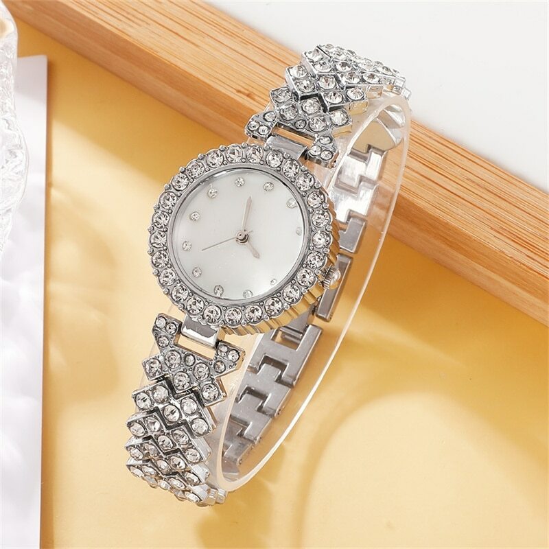 6 szt. Zestaw luksusowy zegarek damski pierścionek naszyjnik kolczyk z kryształkami modny zegarek na rękę casualowe damskie zegarki zestaw bransoletek zegar