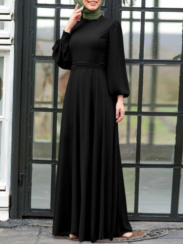 Gaun Muslim wanita, pakaian Festival jubah lengan panjang warna polos elegan gaya baru musim semi dan gugur 2023