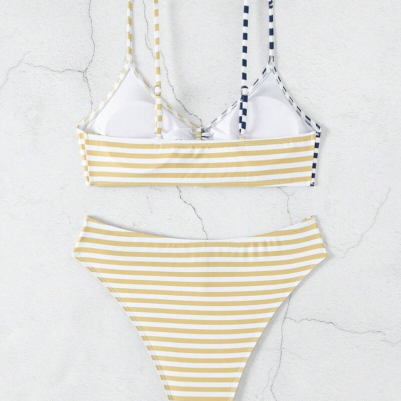 Striped Print Bikini Drawstring Swimsuit Sexy Thong Bikini Set Women Brazilian Swimwear 2024 New Biquini Swim Bathing Suits