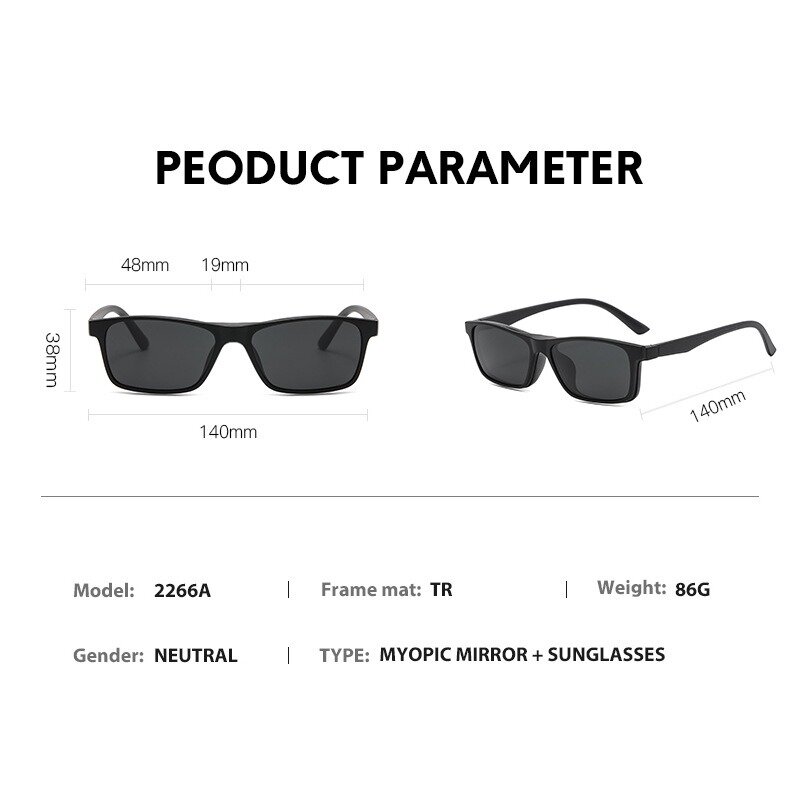 Quadro de óculos magnéticos polarizados para homens e mulheres, óculos com clipe, espetáculo masculino, UV400, 2266, 5 pcs