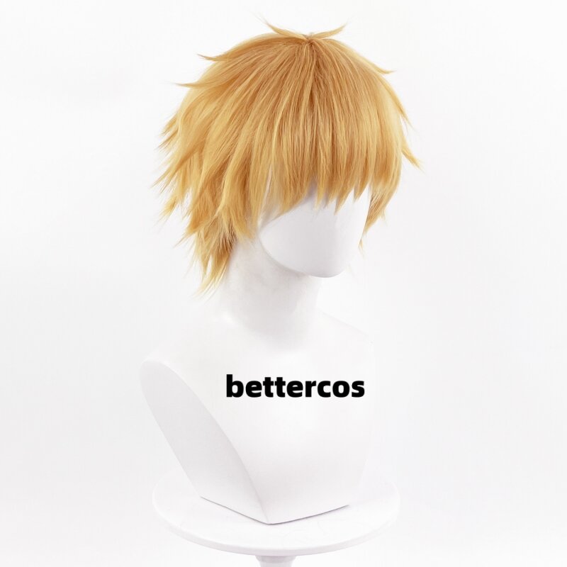 High Quality Denji Cosplay Wig Golden Short Heat Resistant Synthetic Hair Halloween Anime Cosplay Wigs + Wig Cap