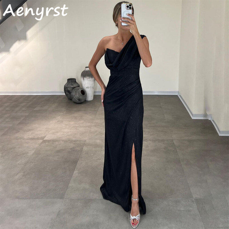 Aenyrst 여성용 심플한 원숄더 스트레이트 이브닝 드레스, 스팽글 사이드 스플릿 무도회 파티 가운, 맞춤형 제작