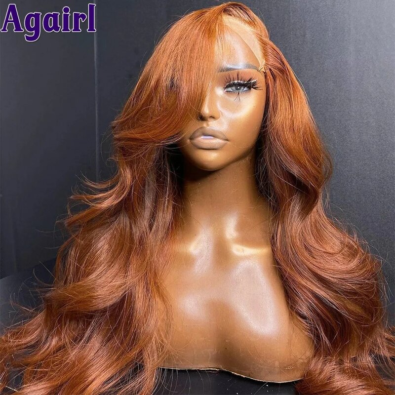 Perucas do cabelo humano com frontal transparente do laço, mistura, gengibre e cobre, marrom, onda do corpo, reto, Ombre, laranja, 13x6