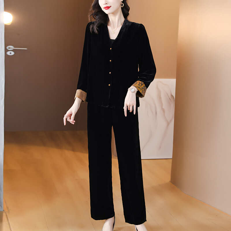 Calças de veludo de manga comprida para mulheres, decote em v preto, tamanho solto, monocromático, novo, primavera, 2021, 2 peças