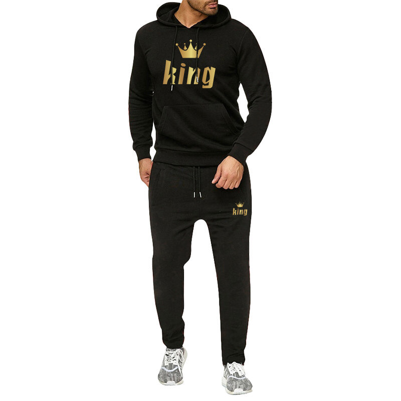 Мужской комплект спортивной одежды, толстовка с капюшоном и штаны с принтом «King», комплект из двух предметов, теплый шерстяной пуловер с капюшоном на осень/зиму, 2023